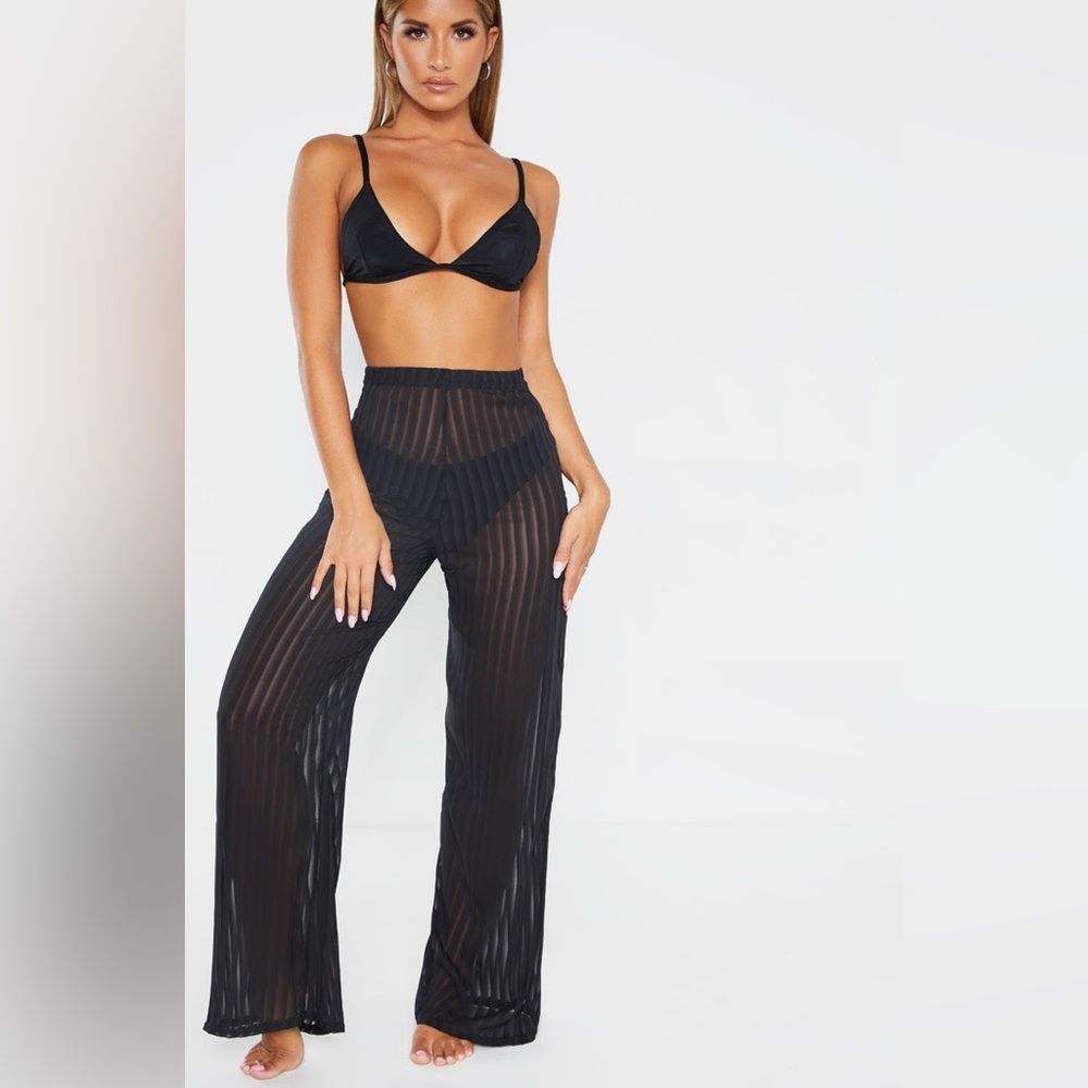 PrettyLittleThing Black Sheer Stripe Wide Leg Beach Pants